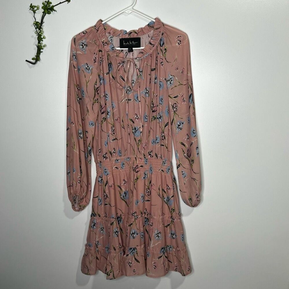 Nicole Miller Pink Silk Blend Floral Tiered Ruffle Long Sleeve Dress Sz Small